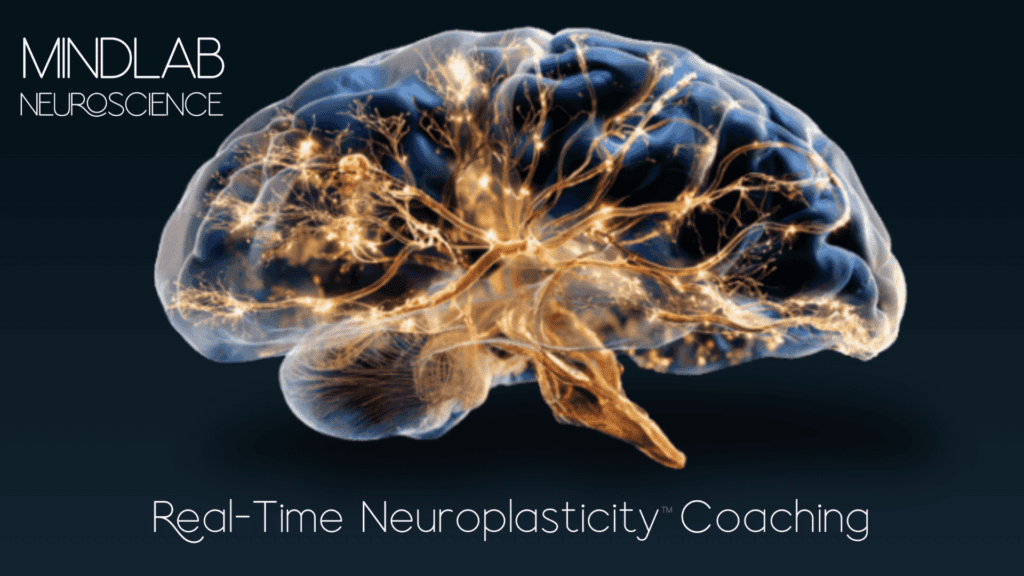 Translucent 3D brain glowing with golden neural pathways beside the MindLAB Neuroscience logo, representing how real-time neuroplasticity exercises transform brain connectivity.