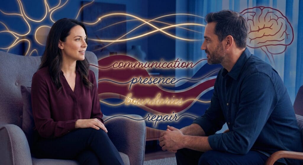 Emotionally unavailable partner having calm, present conversation with neural pathway visualization showing communication, presence, boundaries, and repair.