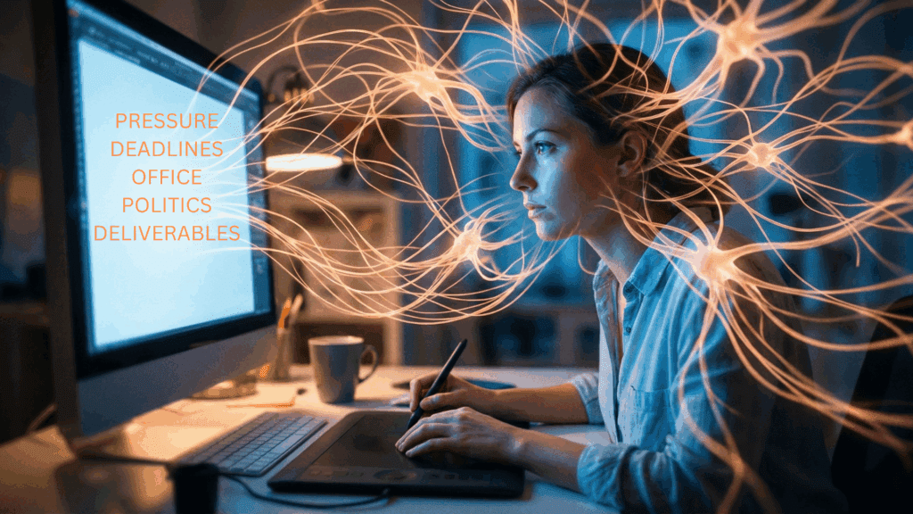 A focused woman works at her computer while glowing neural pathways swirl around her, symbolizing the Neuroscience of Obsession at work.