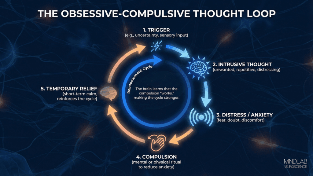 A visual diagram shows the obsessive compulsive thought loop with triggers, intrusive thoughts, anxiety, rituals, and relief explained through the Neuroscience of Obsession.