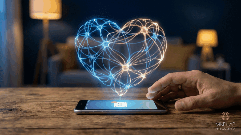 A glowing neural heart rises above a smartphone, showing how attachment and anticipation shape the Neuroscience of Obsession in relationships.