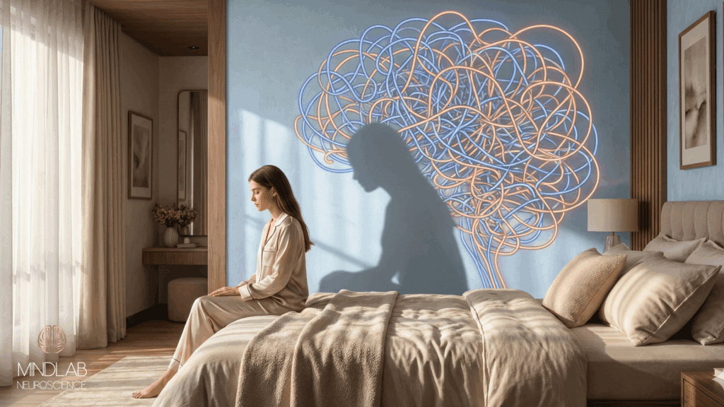 A woman sits on her bed with her shadow connected to a tangle of neural lines, showing the inner chaos of the Neuroscience of Obsession.