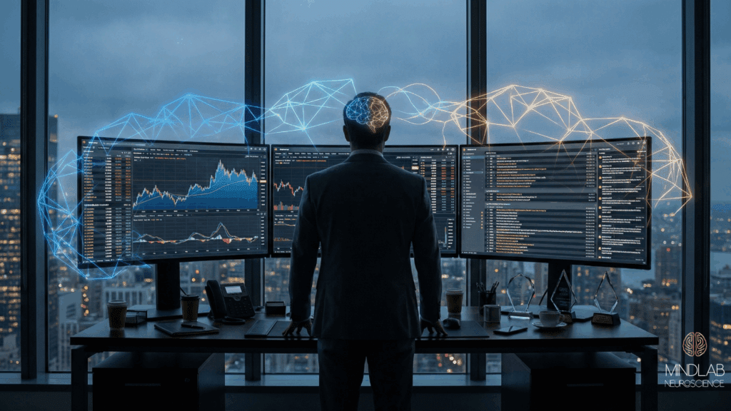 A man stands before multiple monitors as glowing neural pathways connect to his head, illustrating the Neuroscience of Obsession.