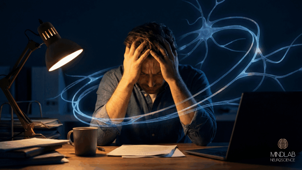 A stressed man sits with his head in his hands as swirling neural lines surround him, representing the Neuroscience of Obsession.