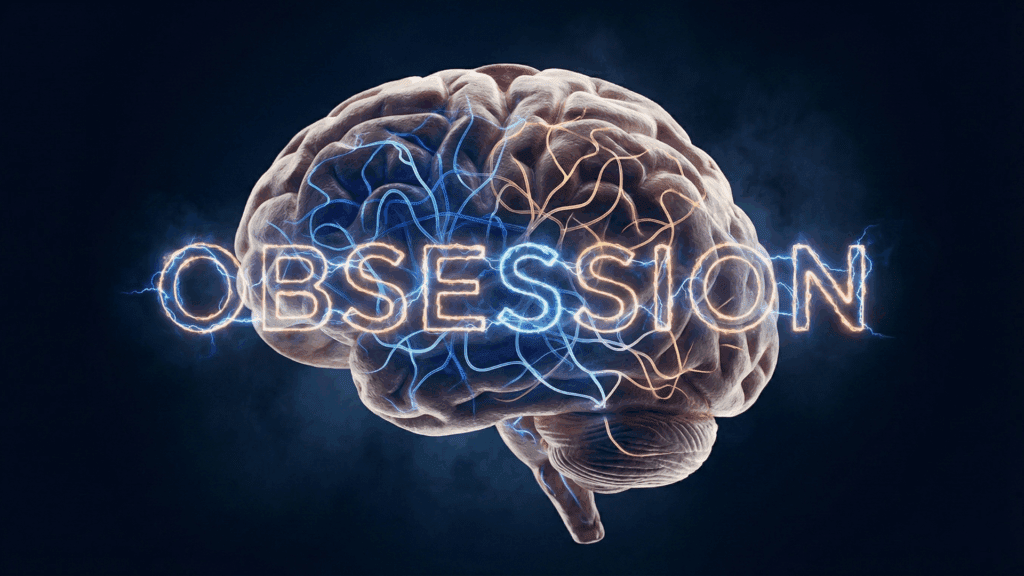 A human brain glows with electric neural lines forming the word obsession, symbolizing the intensity of the Neuroscience of Obsession.