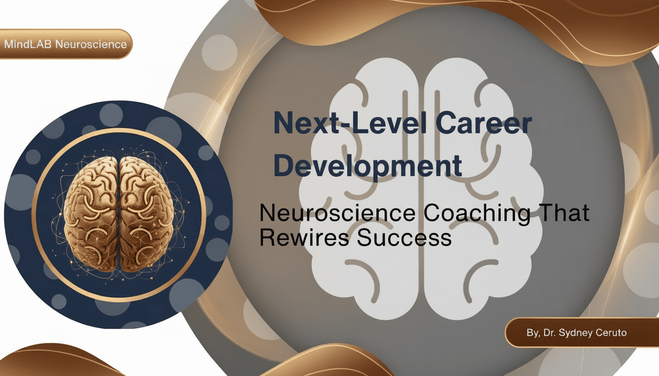 Neuroscience coaching blog cover featuring bronze brain and navy design for next-level career development and success.