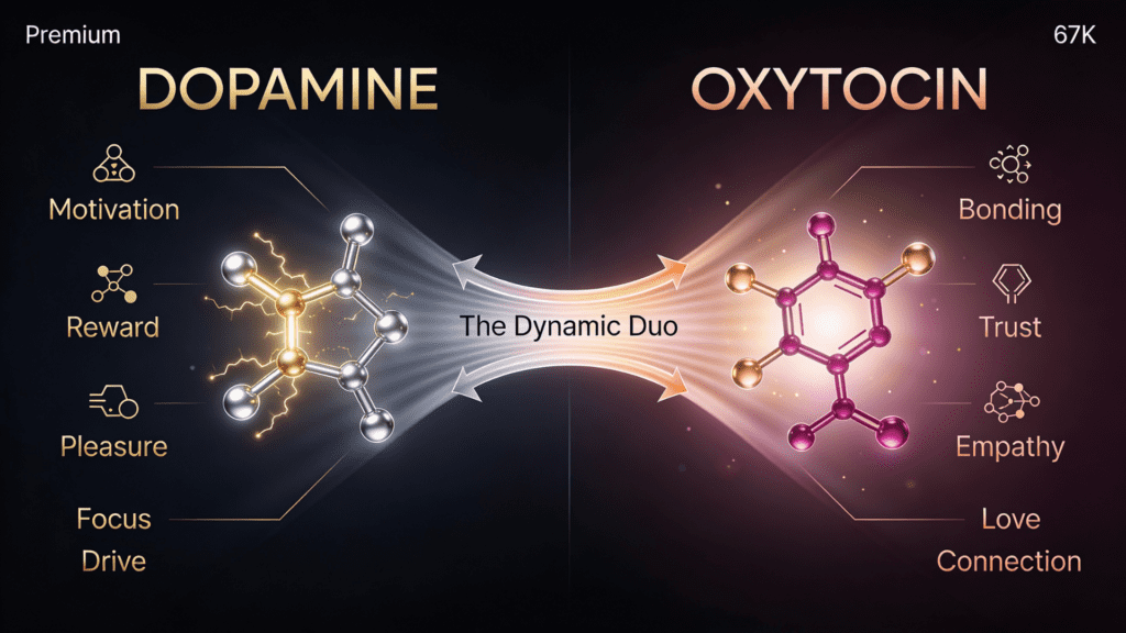 The design features metallic 3D typography representing oxytocin bonding that labels the Dynamic Duo—Dopamine and Oxytocin—against a rich, luxurious background of violet and gold.