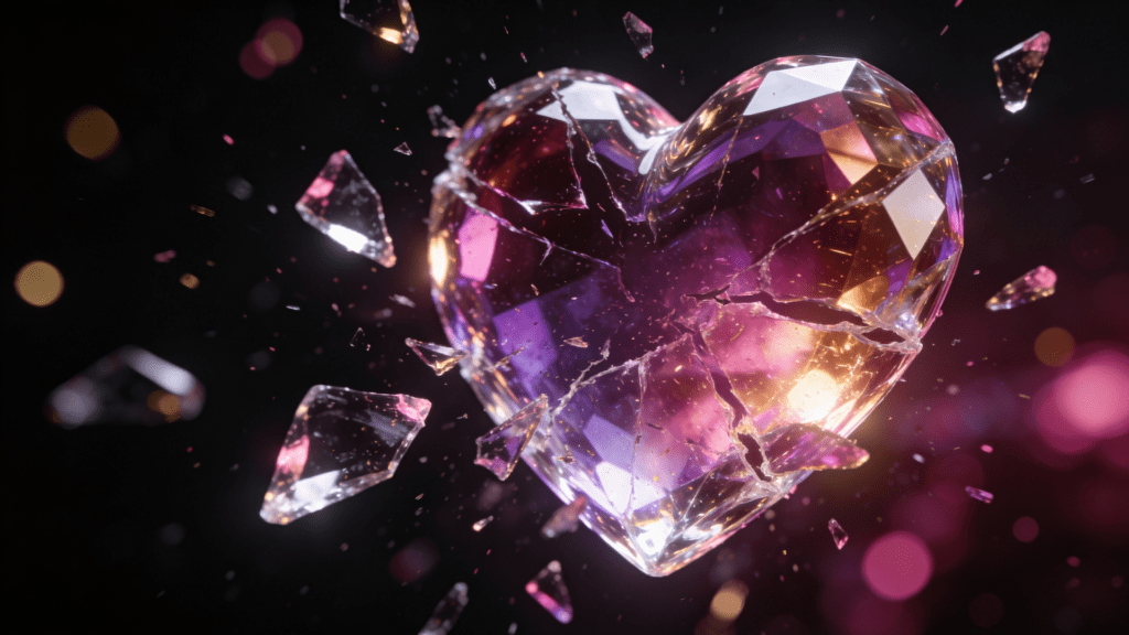 A crystalline amethyst and rose gold gemstone heart shattering mid-air, representing oxytocin bonding disruption and emotional transformation.