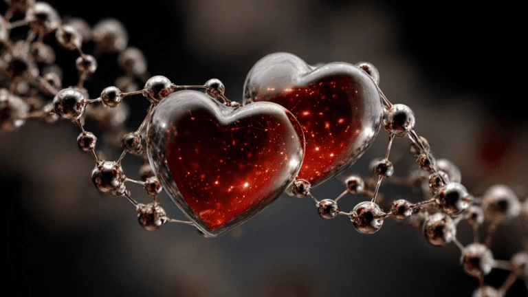 Crystalline glass hearts glowing with warm light, connected by metallic bonds representing oxytocin bonding and neuroscience of love.