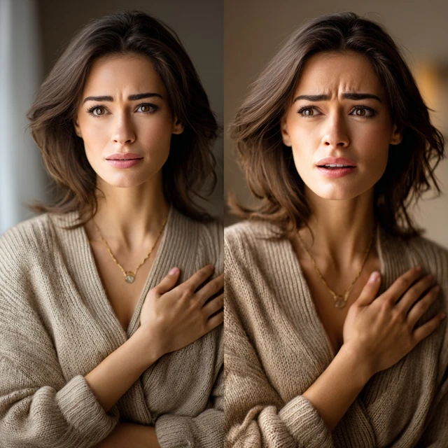 The artwork features a two-panel portrait of a woman, her hand resting on her heart, as she transitions from a calm to a panicked state, thereby illustrating the phenomenon of performance anxiety at work.
