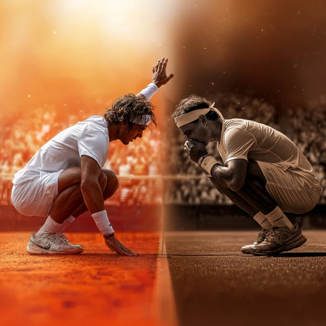 A professional tennis player is shown in two halves—on the left, calm, confident, and grounded; on the right, anxious and tense, breathing into his hands—illustrating the difference between composure and performance anxiety in professional athletes.