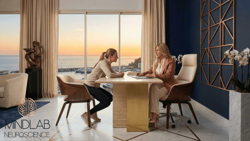 Dr. Sydney Ceruto coaching a young professional in a luxury MindLAB Neuroscience office about performance anxiety at work.