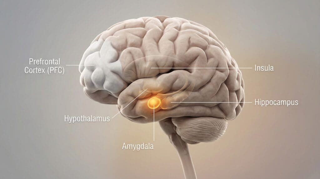 Labeled 3D brain diagram showing the prefrontal cortex, amygdala, hippocampus, hypothalamus, and Insula, with the amygdala highlighted to illustrate performance anxiety at work.