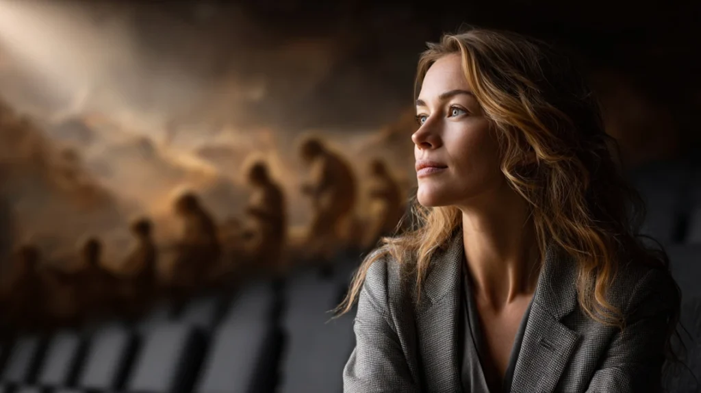 Thoughtful woman in a quiet auditorium, faint ancestral silhouettes behind her, expressing performance anxiety and evolution.