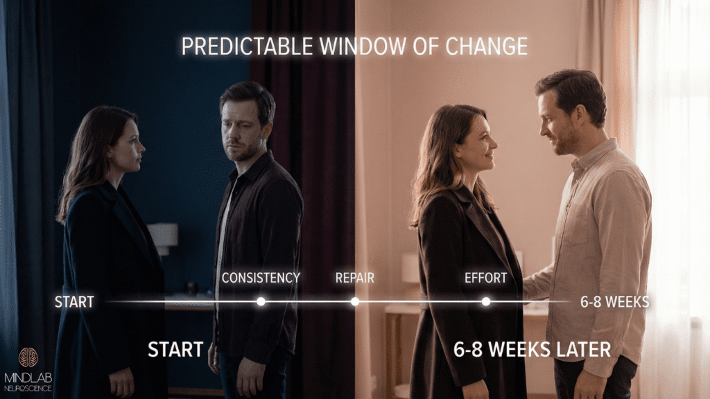 Predictable window of change timeline showing emotionally unavailable partner transformation through consistency, repair, and effort over 6-8 weeks.