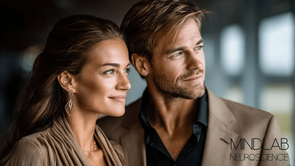 Professional couple embodying calm confidence and nervous system healing after retrained gut-brain axis through MindLAB Neuroscience coaching transformation.