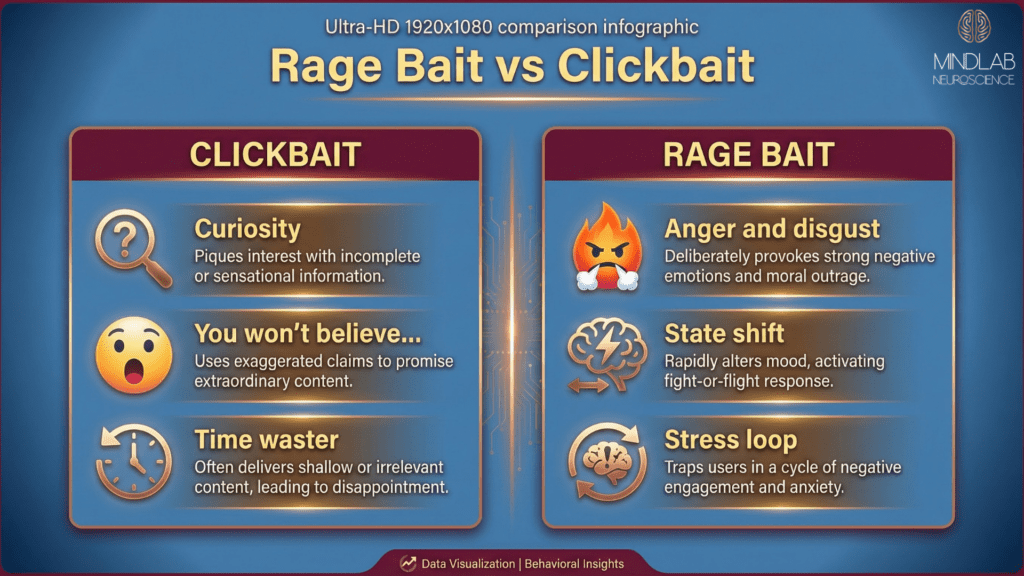 Side‑by‑side infographic comparing clickbait and Rage Bait, highlighting differences in curiosity, anger, emotional state shift, and stress loops using icons and warm metallic interface styling.