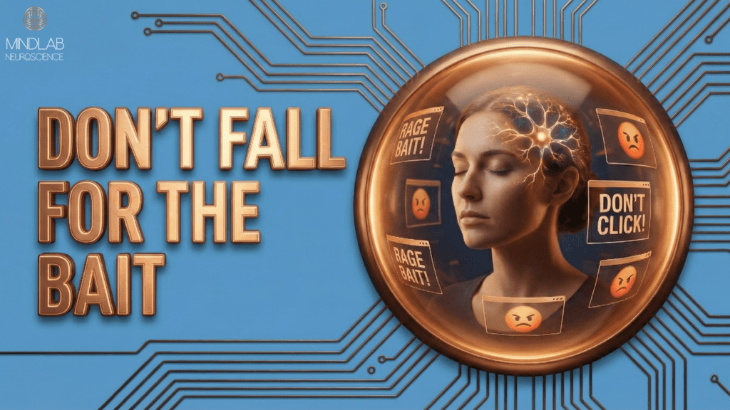Bronze‑rimmed brain behind glass surrounded by “rage bait” alerts and angry emojis, warning not to fall for rage bait manipulation and click traps online.