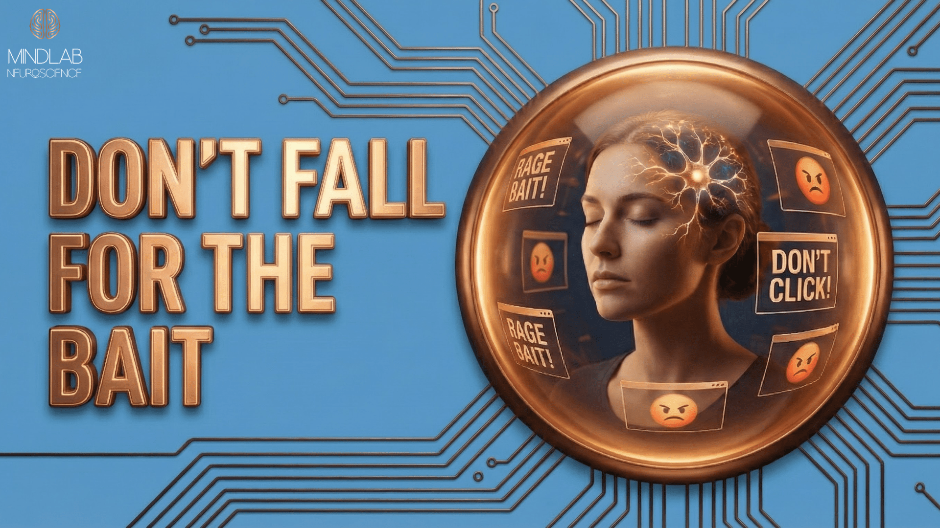Bronze‑rimmed brain behind glass surrounded by “rage bait” alerts and angry emojis, warning not to fall for rage bait manipulation and click traps online.