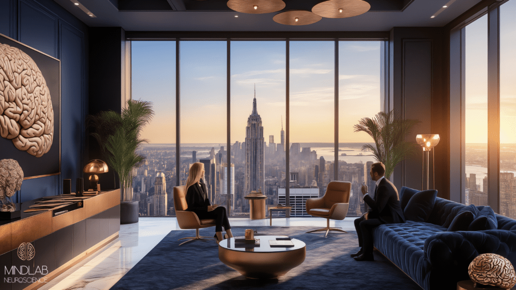 Dr. Sydney Ceruto provides real-time neuroplasticity coaching for cognitive enhancement in her luxury NYC office overlooking Manhattan skyline and Empire State Building.
