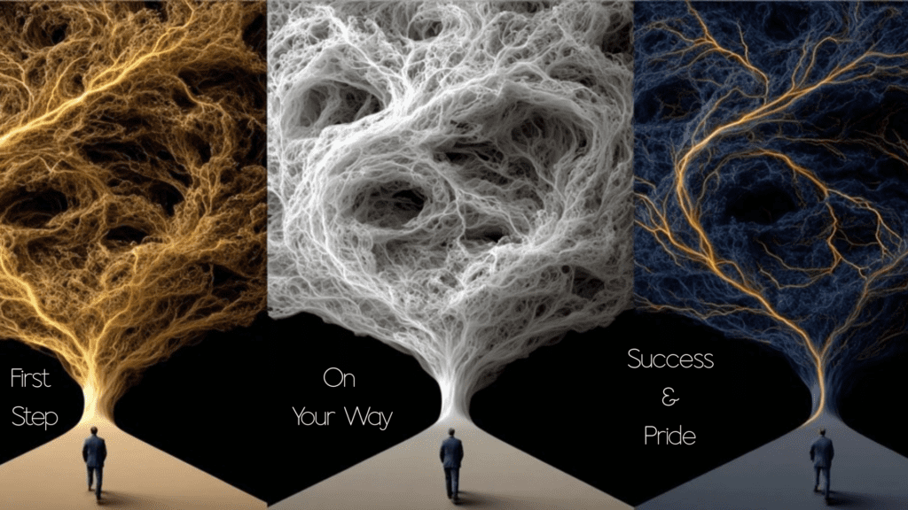 Three neural pathways showing first step, on your way, success and pride through real-time neuroplasticity progression
