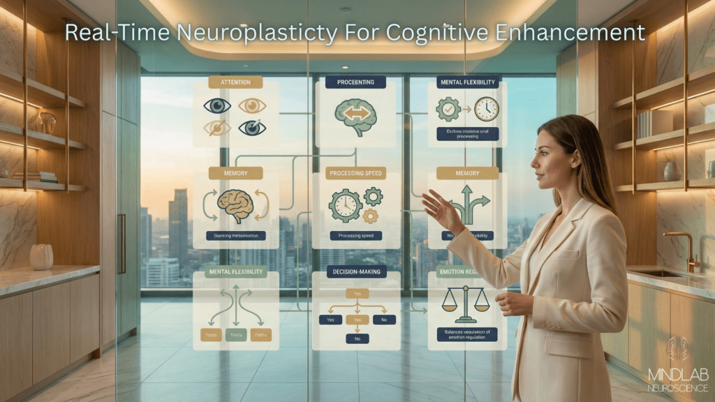 Professional woman presenting cognitive enhancement neuroplasticity framework with attention, processing, memory, and decision-making brain optimization diagrams.
