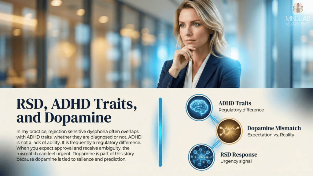 Neuroscience diagram showing interconnected relationship between ADHD traits, dopamine mismatch, and Rejection Sensitive Dysphoria response.