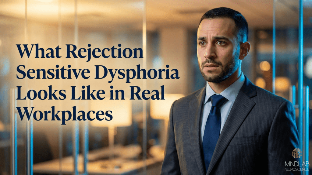A professional man showing a physical activation moment triggered by workplace Rejection Sensitive Dysphoria
