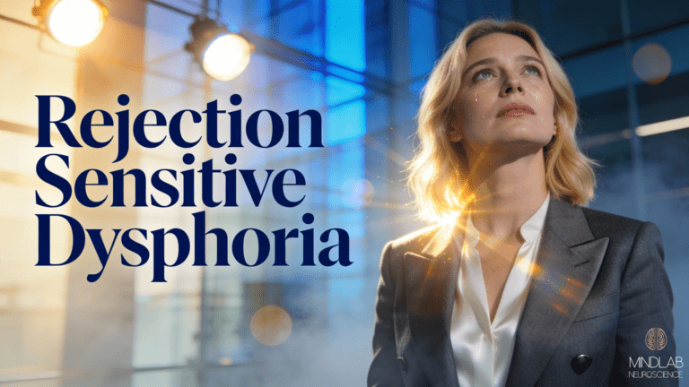 Rejection Sensitive Dysphoria concept showing professional woman with a bold text overlay and luminous blue lighting.