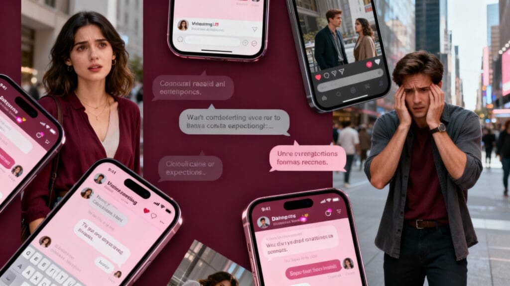 Smartphone dating apps glowing on screens showing modern dating confusion and unclear relationship expectations among young couples