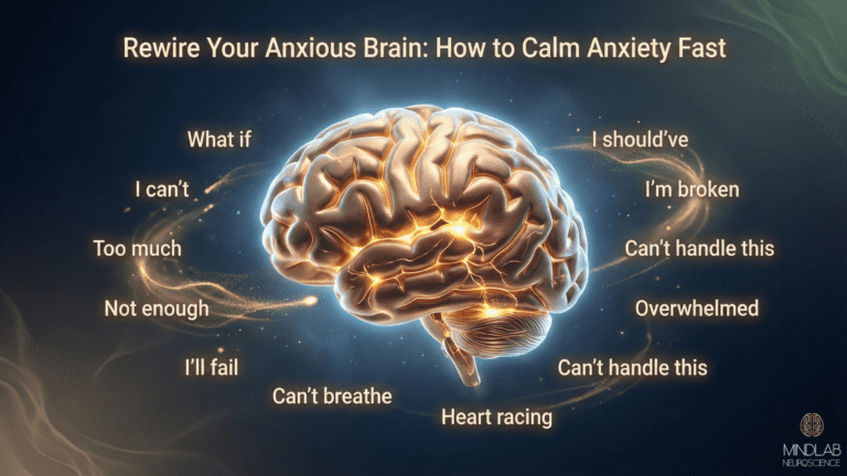 Anxious brain illustration showing glowing neural pathways, intrusive thoughts, and anxiety phrases around a lit human brain on a dark, calming background.
