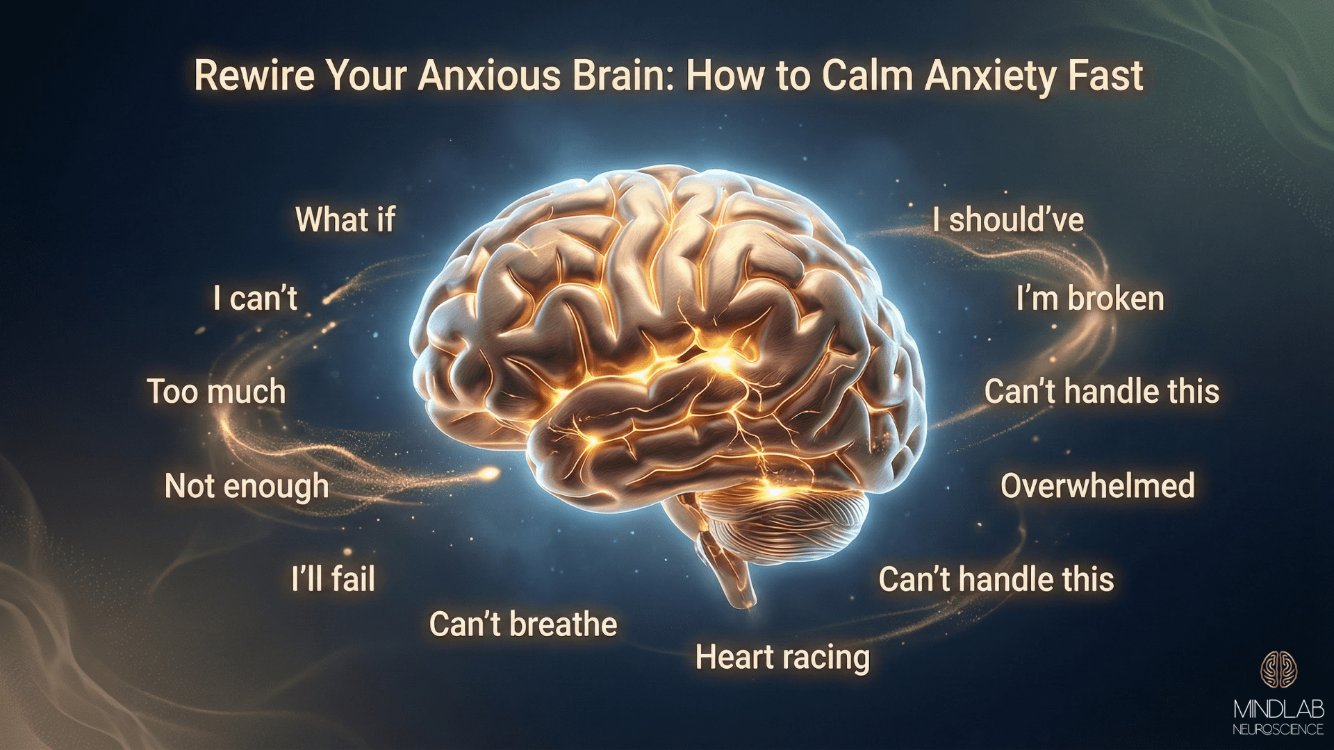 Anxious brain illustration showing glowing neural pathways, intrusive thoughts, and anxiety phrases around a lit human brain on a dark, calming background.