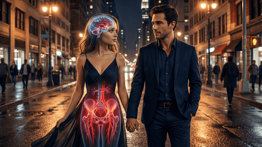 Couple walking in NYC street with transparent brain and vascular system overlay showing neural and physiological arousal activation.