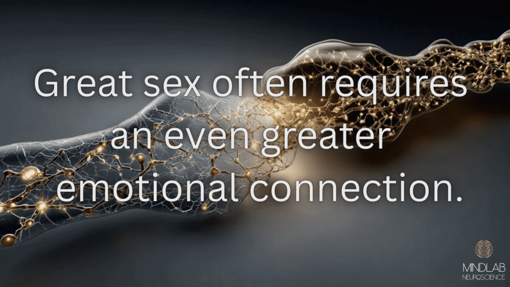 Hands connecting with glowing neural network visualization representing emotional intimacy and desire beyond sexual performance anxiety.