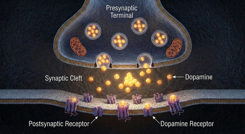 Detailed synaptic illustration showing dopamine molecules and receptors with presynaptic terminal and postsynaptic receptor activation mechanisms.