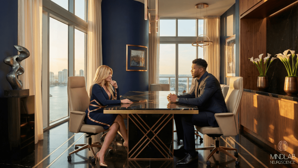 Professional neuroscience-based coaching consultation with Dr. Sydney Ceruto from MindLAB Neuroscience discussing sexual performance anxiety treatment.