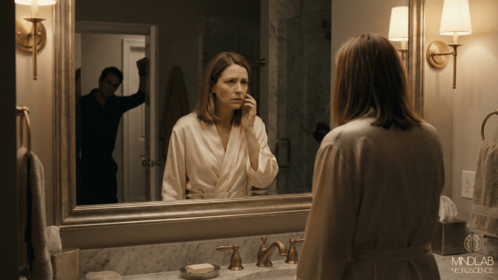 Woman examining herself critically in bathroom mirror with worried expression, showing body image concerns related to sexual performance anxiety.