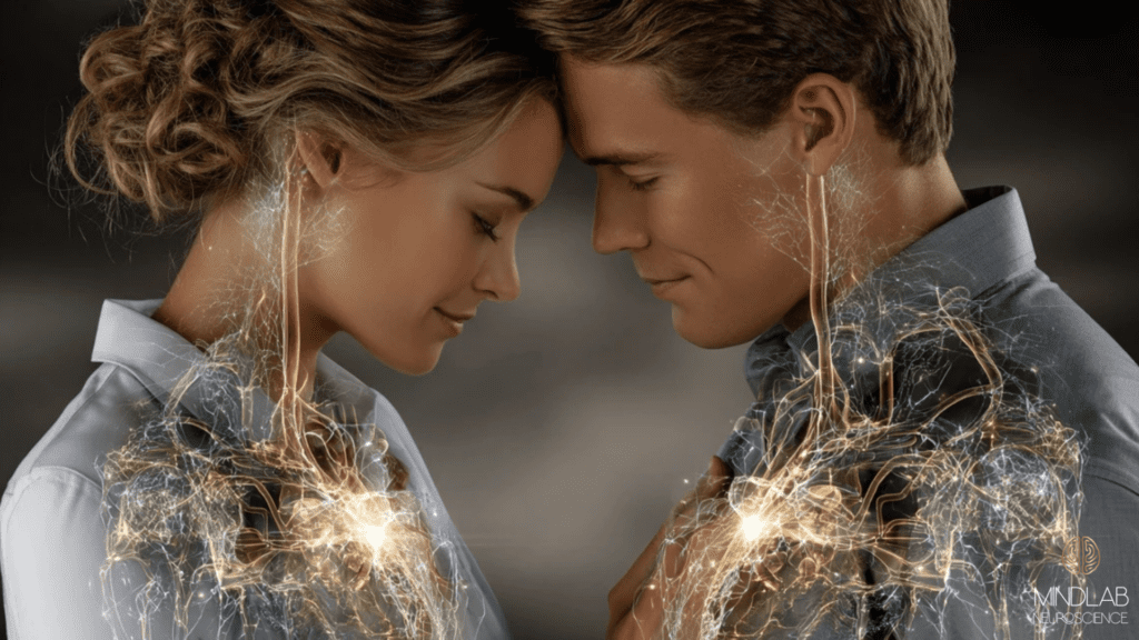 Couple facing each other with neural network overlay showing brain connectivity and attraction, representing the mind-body connection of sexual desire.