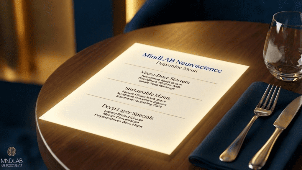 MindLAB Neuroscience dopamine menu template showing micro-dose starters, sustainable mains, and deep layer specials for reward system optimization.