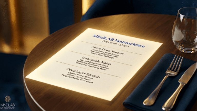 MindLAB Neuroscience dopamine menu template showing micro-dose starters, sustainable mains, and deep layer specials for reward system optimization.