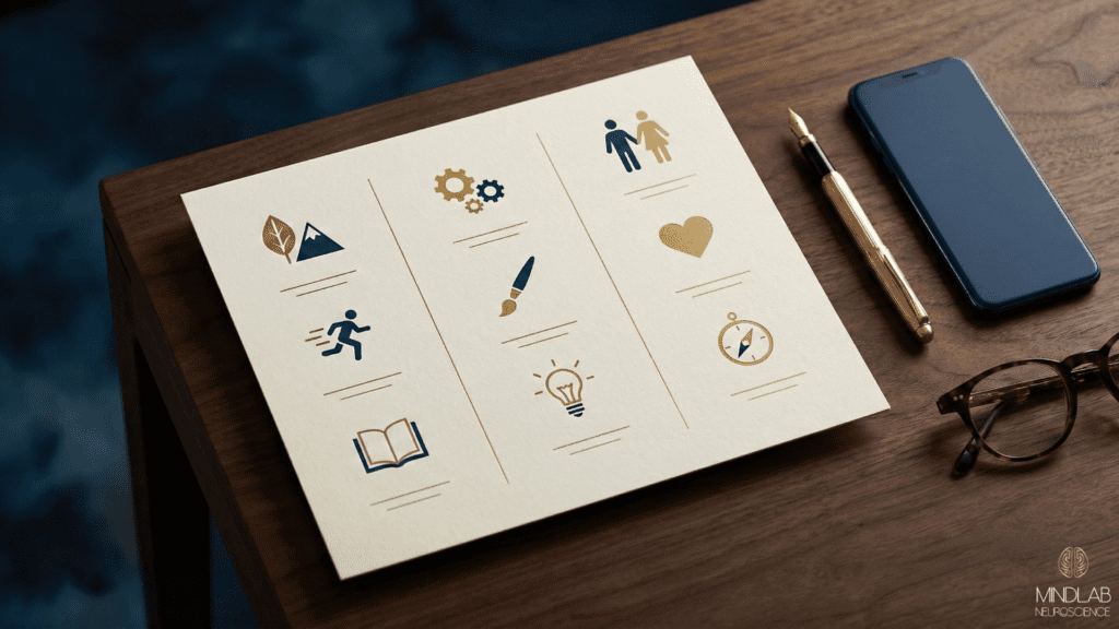Dopamine menu worksheet with nine icons showing wellness, work, creativity, relationships, movement, achievement, learning, rest, and purpose reward choices for neuroscience-based design.