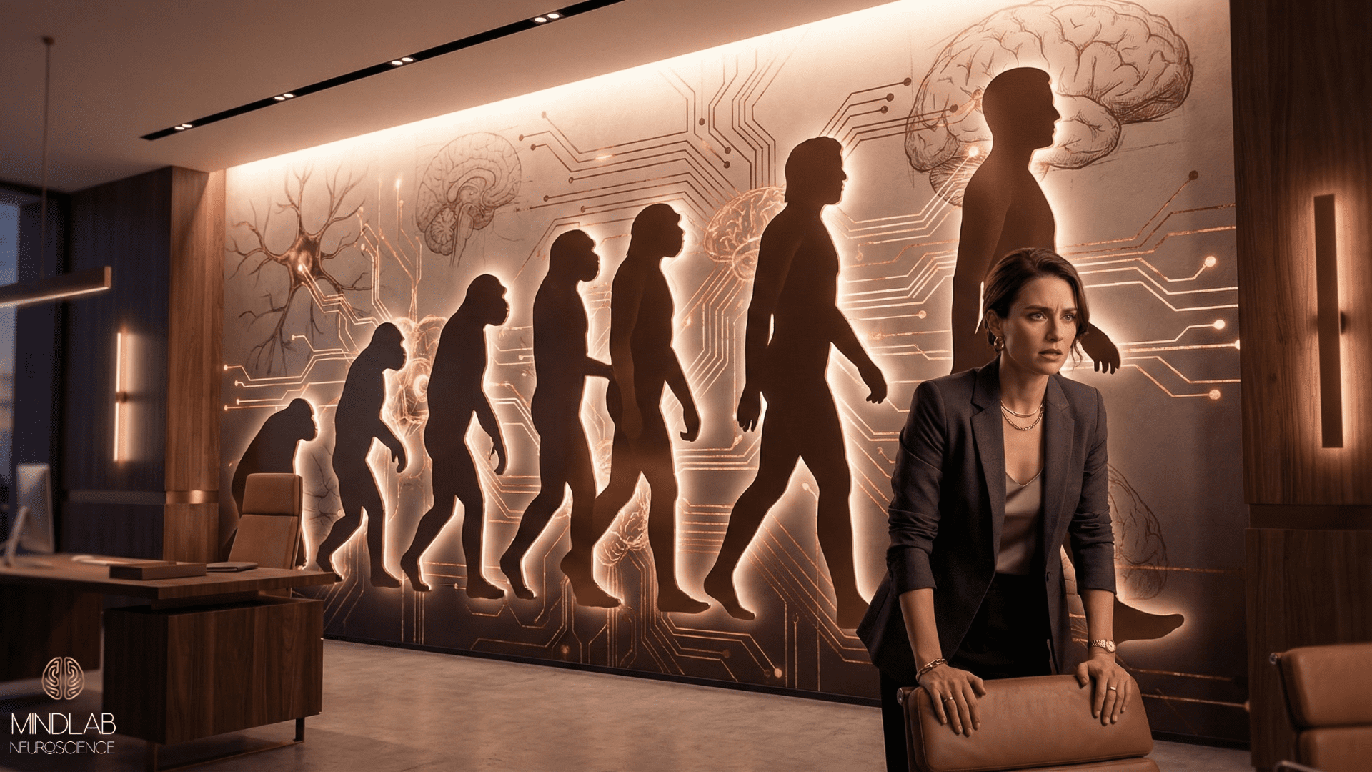 Woman in modern office beneath evolution mural and neural circuitry, illustrating evolutionary neuroscience of self-hatred.