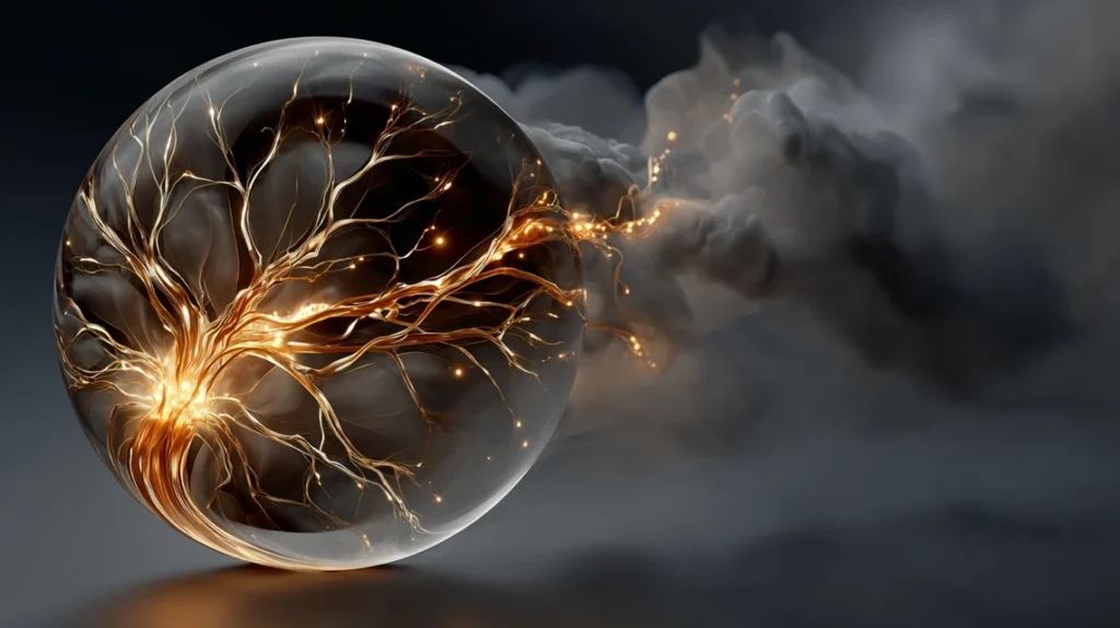Surreal glass sphere shielding a golden neural bloom from a dark storm, representing the future of EQ leadership and safety.