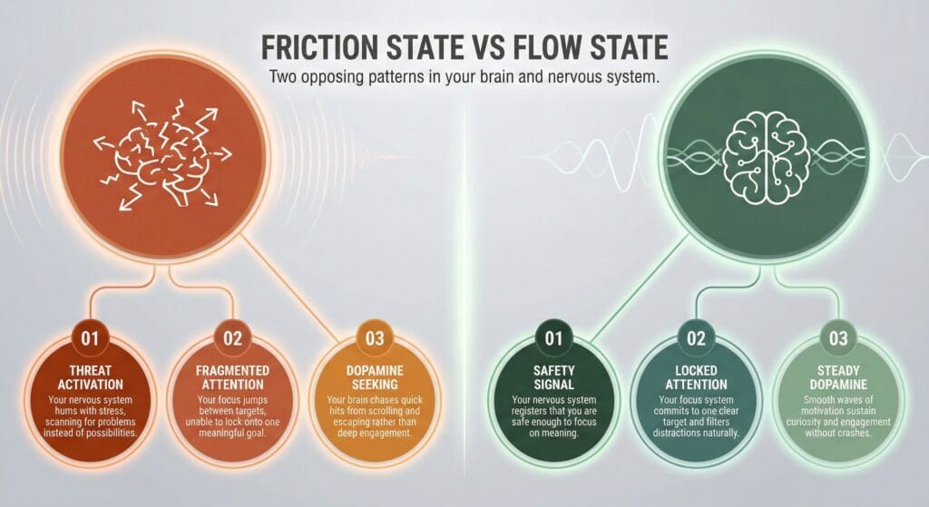 Side-by-side comparison of friction state versus flow state showing opposing brain patterns with threat activation and fragmented attention contrasted with safety signals and locked attention.