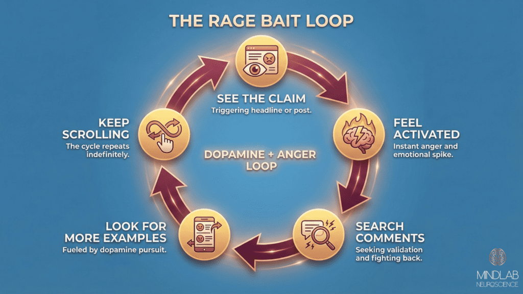The Rage Bait Loop infographic illustrates a circular dopamine plus anger cycle with icons for seeing the claim, feeling activated, searching comments, looking for more examples, and keep scrolling.