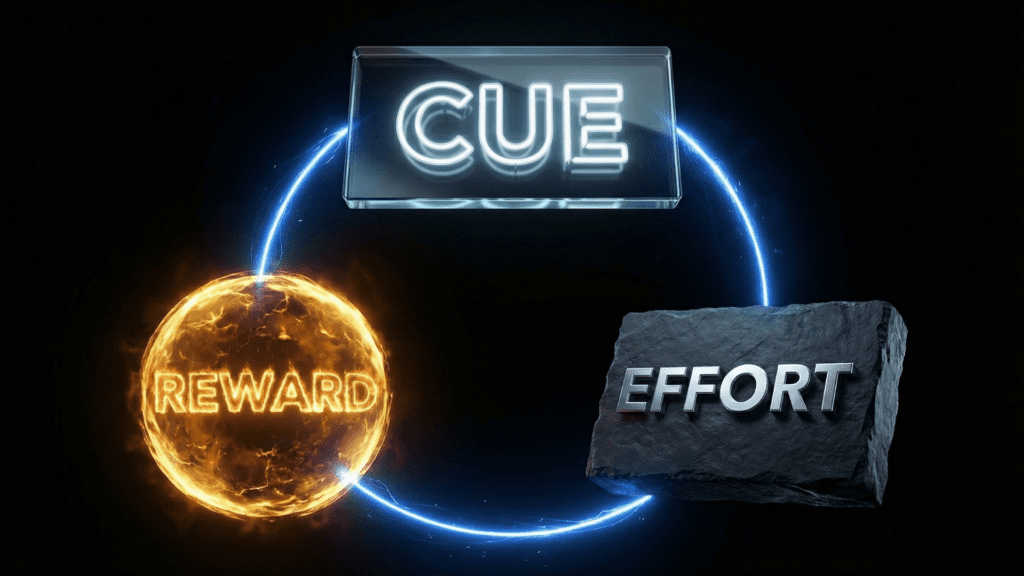 Three part cycle diagram showing cue effort and reward loop for the dopamine anchoring neuroscience protocol.