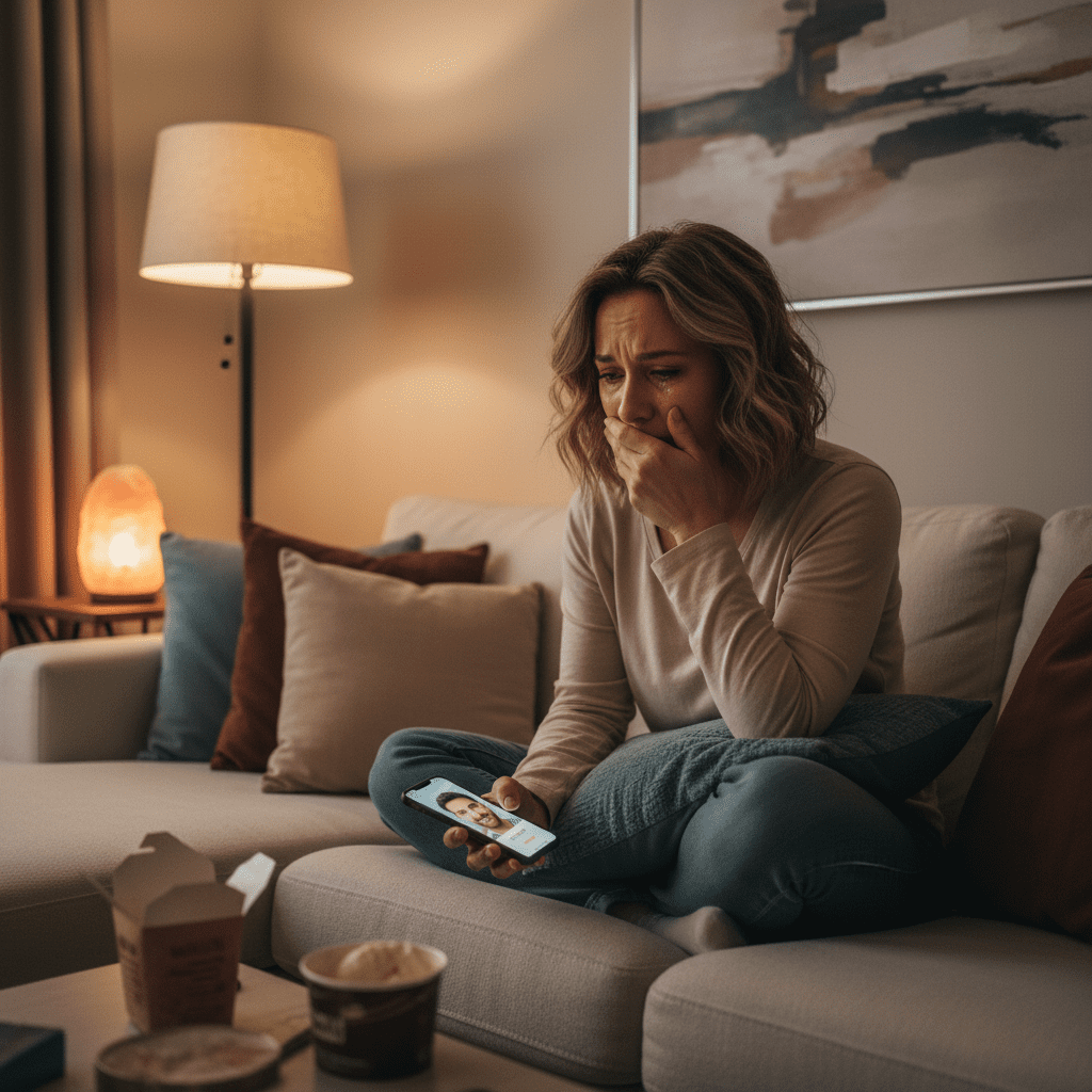 Woman experiencing internal conflict while caught in a habit loop, showing the emotional struggle of recognizing destructive patterns.