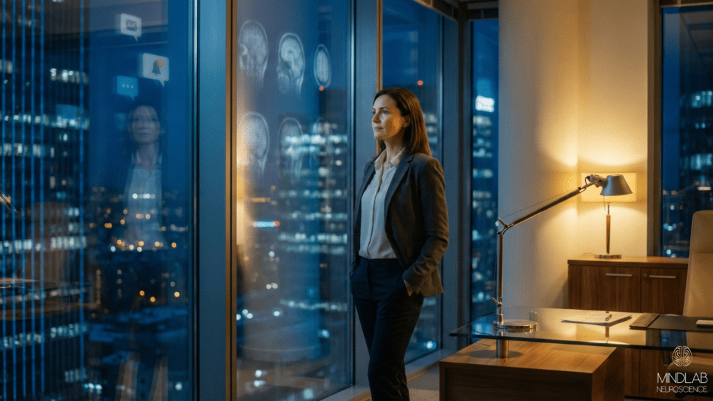 Woman executive looking out high-rise window at night city with neural imagery visible, representing brain-based leadership clarity and dopamine system optimization for peak performance.