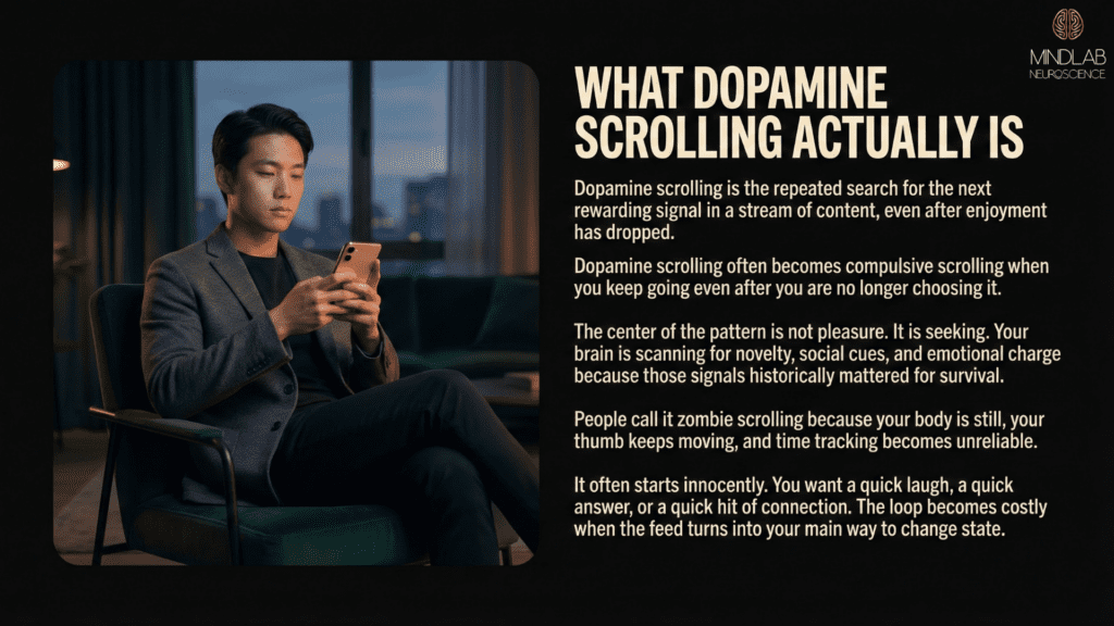 Asian man sitting indoors with phone, blank expression, representing zombie scrolling and compulsive dopamine-driven phone use and behavioral patterns.