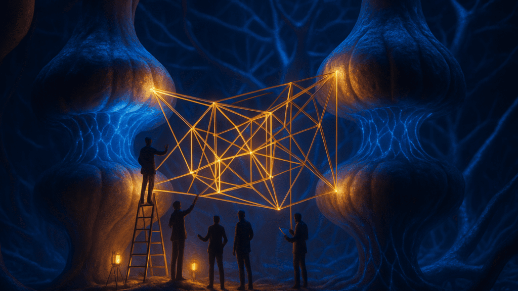 Surreal 3D illustration of EQ leadership building a golden neural framework inside a deep blue brain landscape.